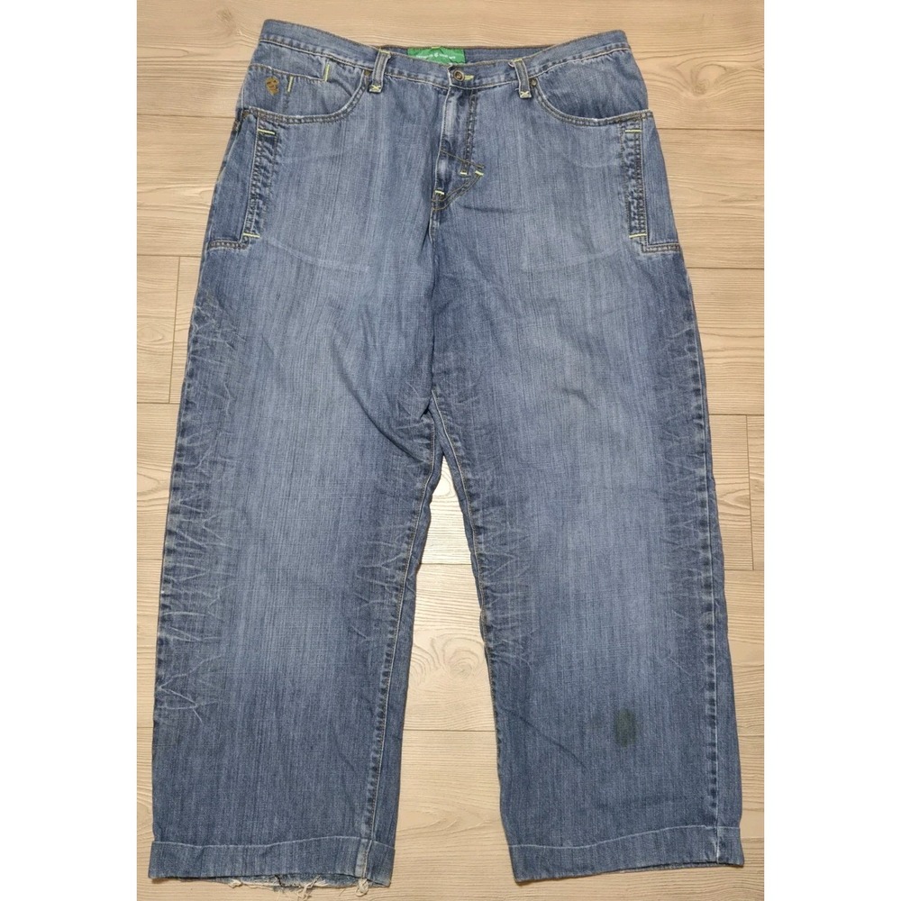 Rocawear Baggy Jeans‎ Mens 38x29 Blue Denim Y2K Streetwear Green Stitching